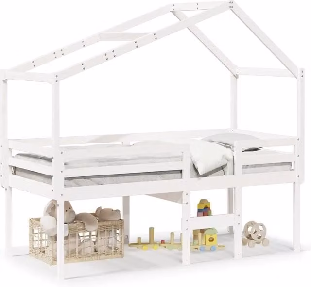 Letto a soppalco con struttura a casetta in legno massello di pino bianco, dimensioni L/P/H: 90 x 200 x 144,5 cm