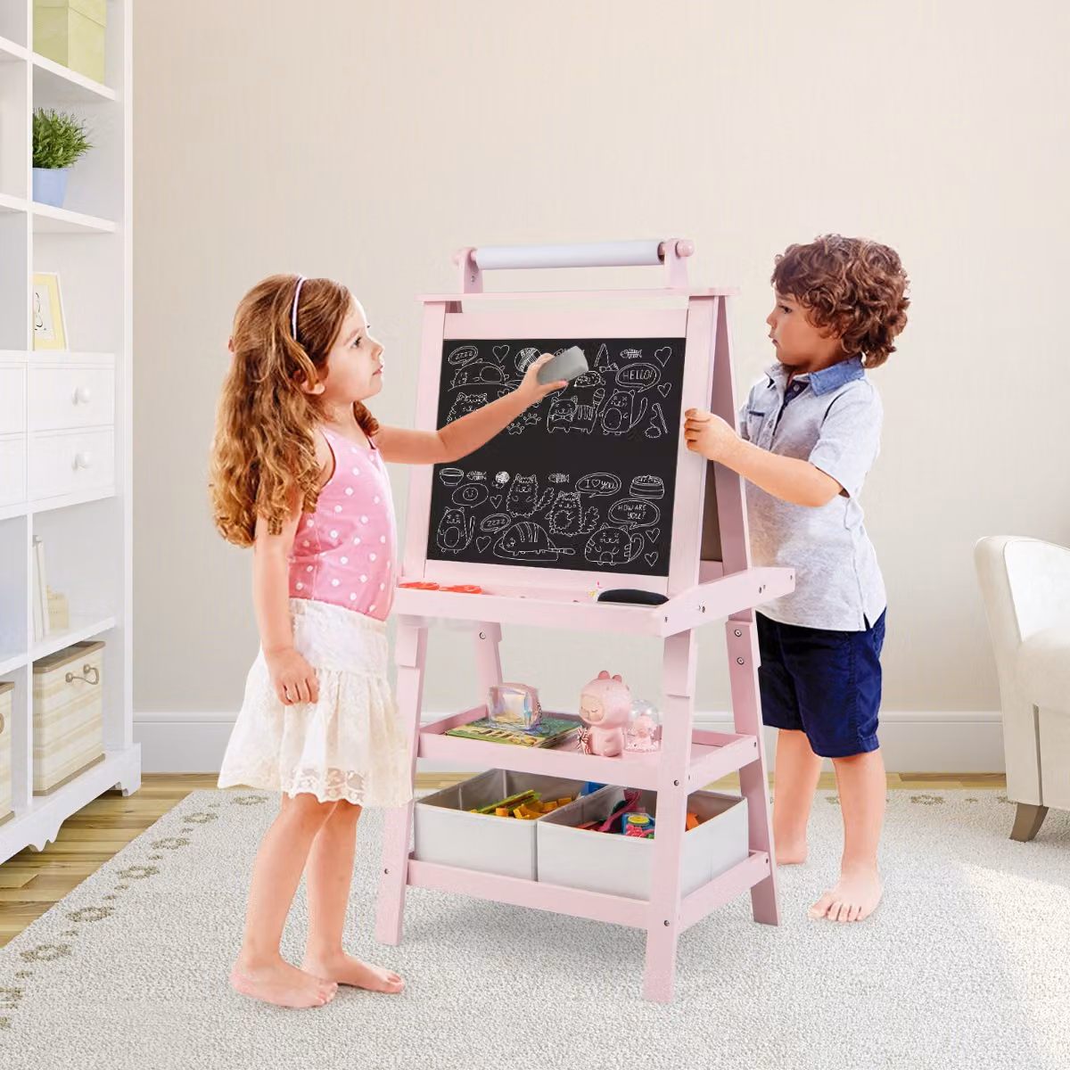 Cavalletto 3 in 1 Costway per bambini con lavagna bianca e nera e rotolo di carta, Rosa