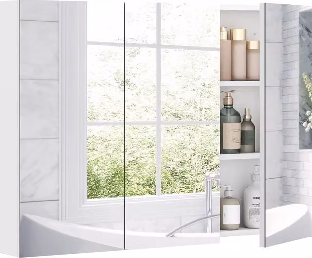 Armadietto da bagno con specchio XYLO bianco con 3 ante in vetro e ripiani interni, L: 91.5 cm, P: 11.5 cm, H: 65 cm