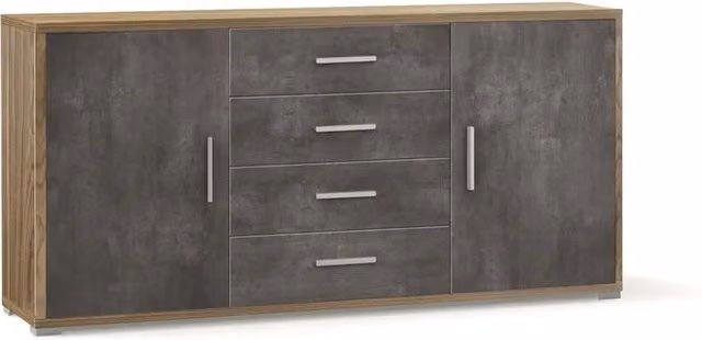 Credenza Mobile 2 ante con 4 cassetti 174x41x84H cm desing moderno in kit di montaggio colore Noce Stelvio e Ossido nero