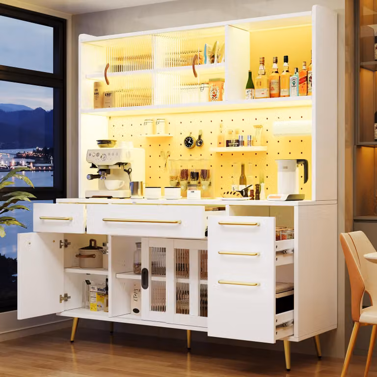MODFU Armadio alto, credenza con cassetti e illuminazione a LED, armadio contenitore, mobile da cucina con cassetti e spazio contenitivo, per cucina e soggiorno, bianco