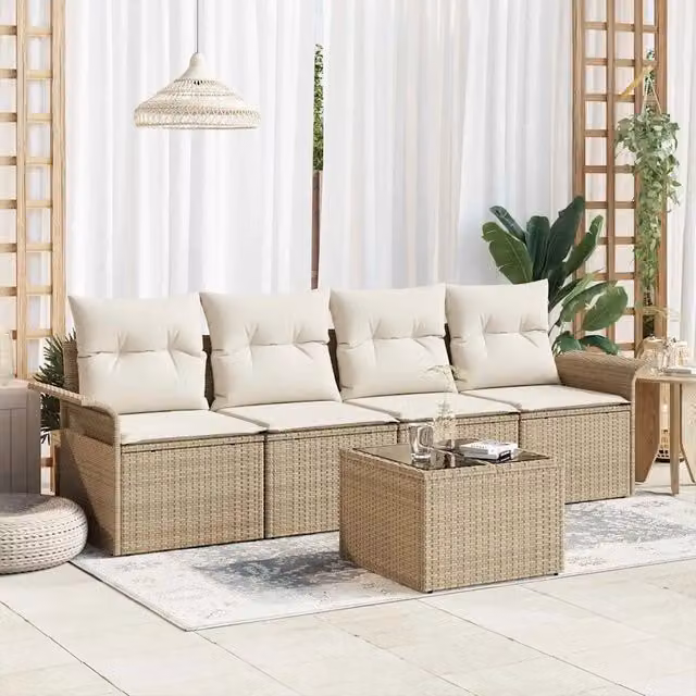 Set di mobili da giardino vidaXL composto da 5 pezzi in rattan beige con divano a 3 posti, elementi angolari, tavolino da caffè e cuscini inclusi