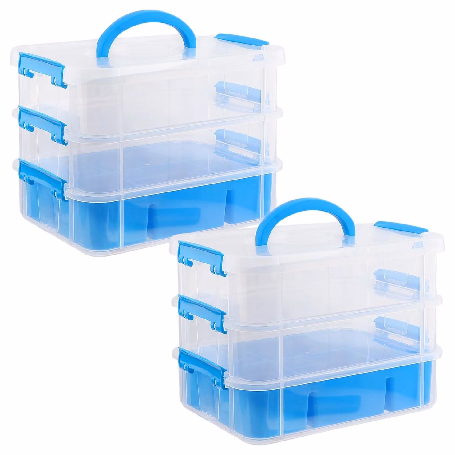 Contenitore trasparente - 2 pezzi - 3 scomparti - Impilabile - Organizzatore per hobby e artigianato - 26 x 17,7 x 19 cm - Costruzione robusta - Contenitore per l'organizzazione