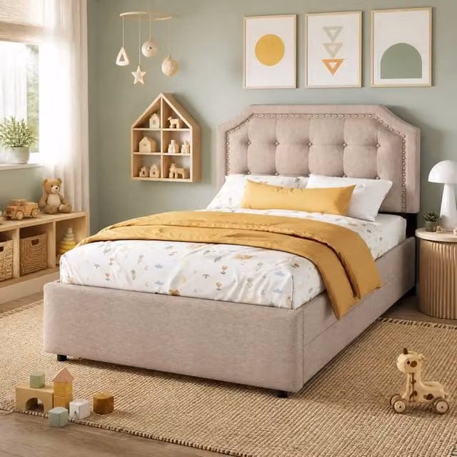 Letto imbottito 90x200 cm con 2 cassetti; testiera regolabile; MDF e lino; beige scuro