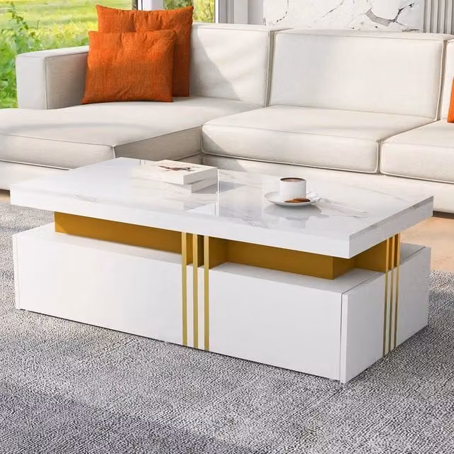 Tavolino da caffè rettangolare Minimal bianco lucido effetto marmo con 2 cassetti L/P/H: 100 x 50 x 40 cm