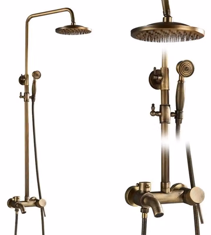 Set doccia in ottone anticato - Sistema doccia a pioggia per vasca da bagno - Doccetta a soffitto da 20 cm - Altezza regolabile da 70 a 120 cm - Miscelatore a due maniglie per acqua calda/fredda - Doccetta manuale - Modello C