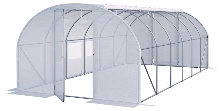 Serra Tunnel TOOLPORT con porta a battente, 3x6m telo in PE 180g/m² bianco trasparente