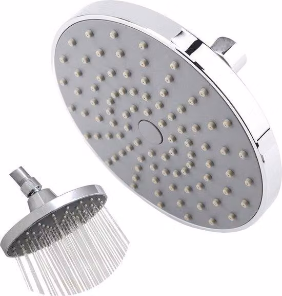 Accessori da bagno in argento, soffione doccia rotondo da 6 pollici ad alta pressione, finitura cromata, stabilità della temperatura 0-80 gradi.