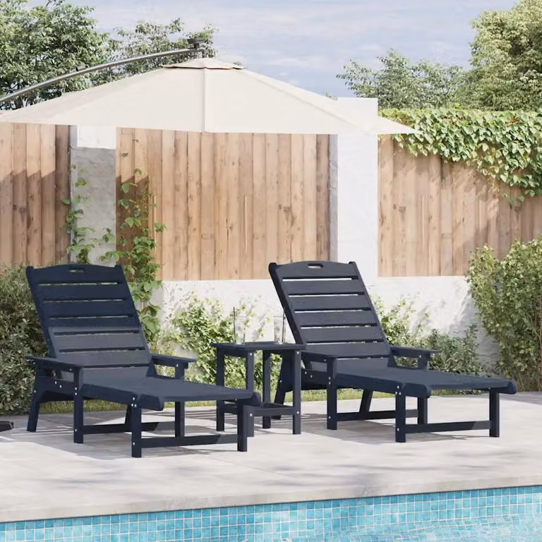 Set di 3 lettini da sole vidaXL in polietilene blu navy con poggiatesta regolabile per giardino e terrazza