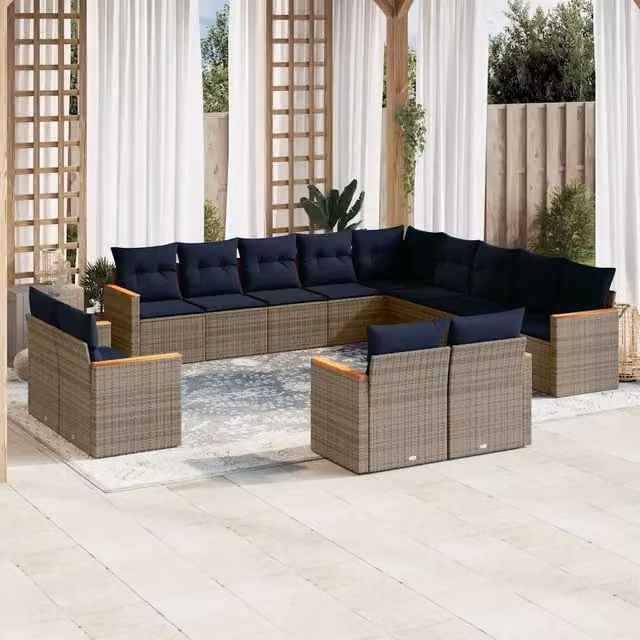 Set di divani da giardino a forma di U vidaXL in rattan con cuscini blu e grigi e struttura in metallo