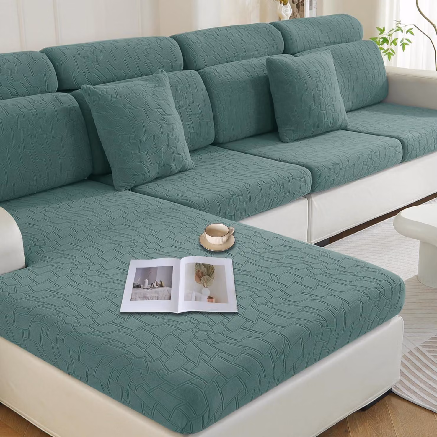 Copertura per cuscino da seduta, tessuto elasticizzato, chaise longue, verde, motivo geometrico, lavabile
