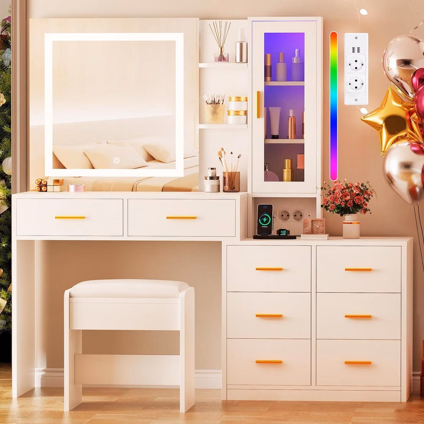 Comò da trucco con illuminazione a LED e sgabello, bianco, 131 cm, 8 cassetti, prese di corrente, ripiano RGB