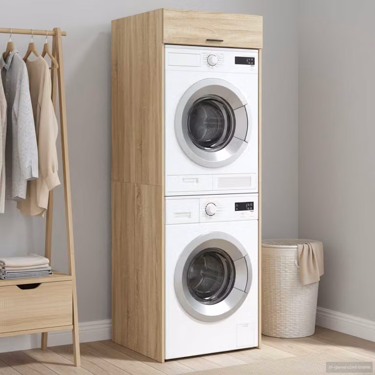 vidaXL Mobiletto per lavatrice moderno in MDF Rovere Sonoma e Nero, L: 67,5 cm, P: 68 cm, H: 200 cm
