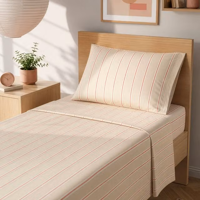 Completo letto singolo KASANOVA in cotone a righe beige con lenzuolo piano, lenzuolo con angoli e federa, 90x200 cm