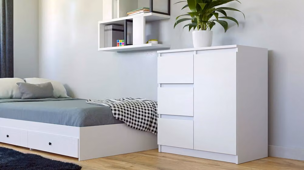 Comodino moderno, 1 anta, 3 cassetti, design funzionale