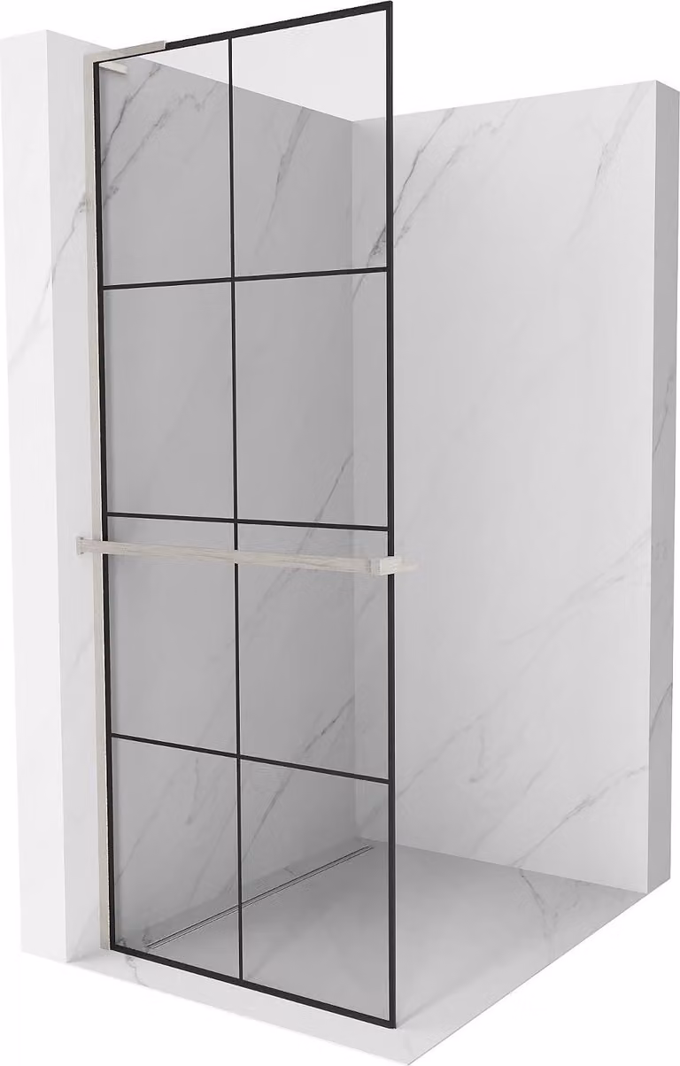 Mexen Kioto+ L parete doccia con mensola Walk-in 90 x 200 cm, griglia nera, nichel spazzolato - 800-090-123-97-77
