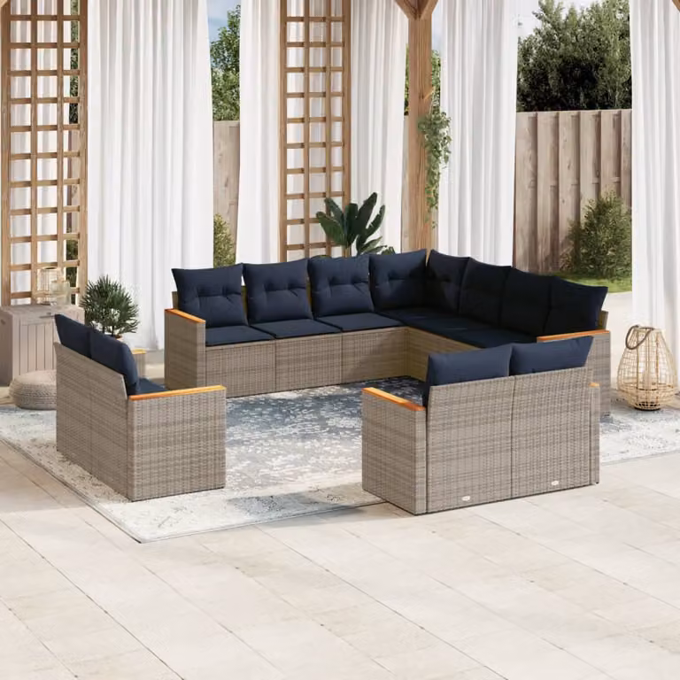 Set di divani da giardino vidaXL 11 pezzi in polyrattan con cuscini grigi e blu e struttura in metallo