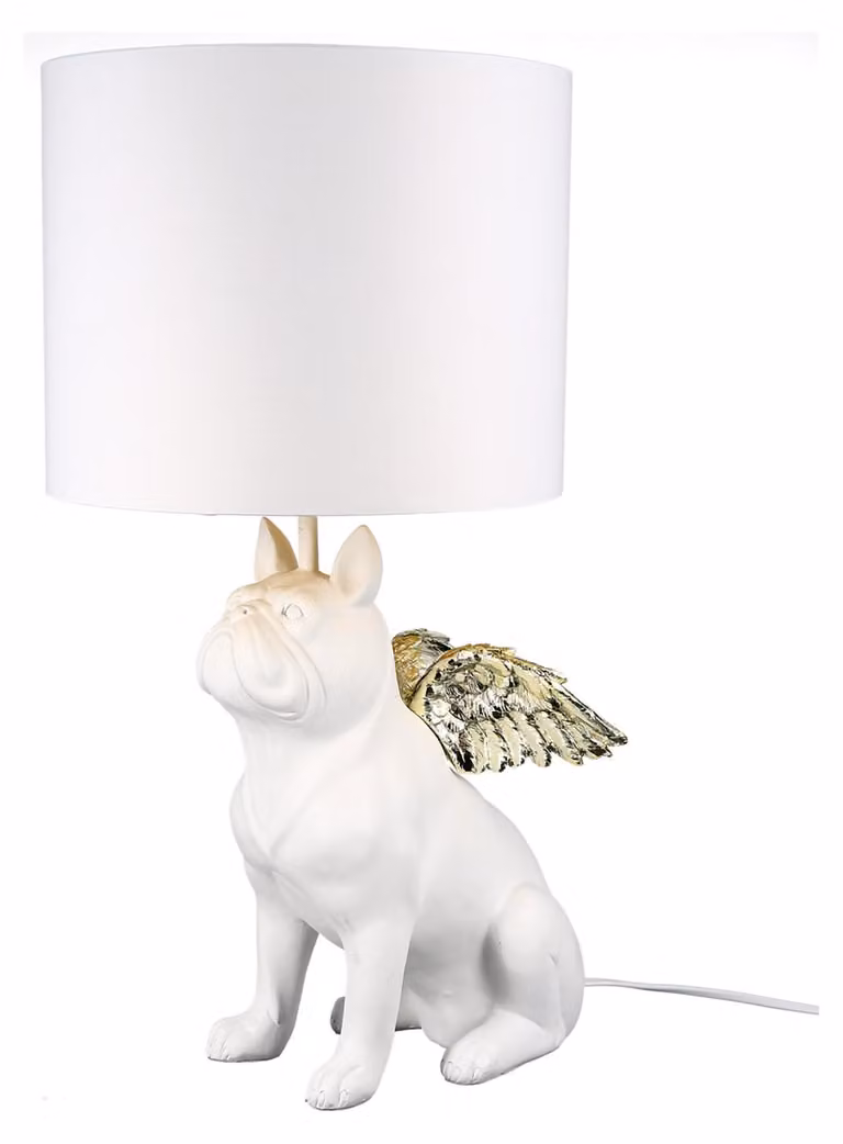 Lampada da tavolo Gilde, modello "Bulldogge", "Flying Bulli", realizzata in resina, rivestita in tessuto, colore bianco, confezione da 1, altezza 55 cm, diametro 26 cm. Codice prodotto: 4001250893349