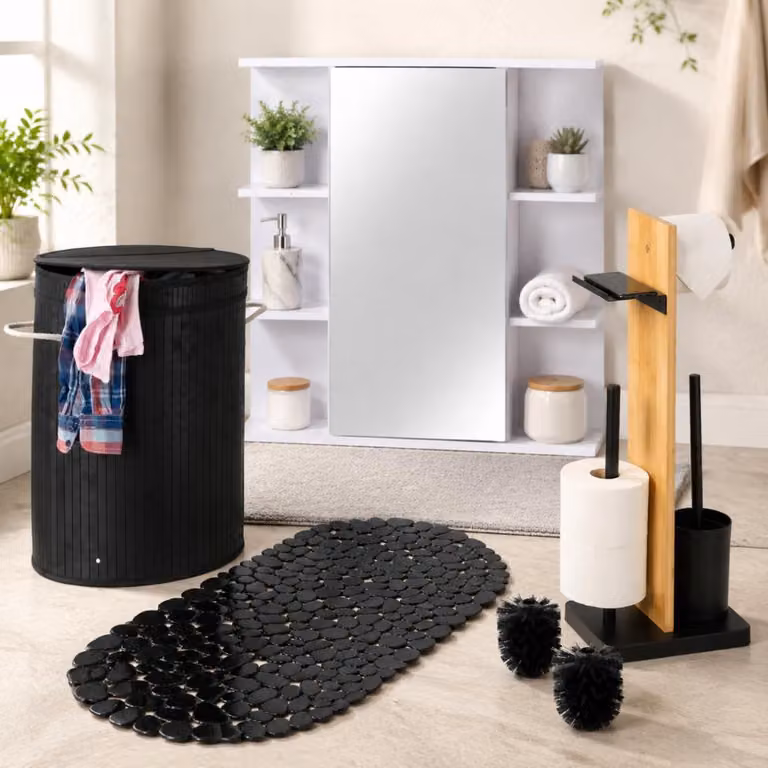 Set da bagno per la famiglia (4 pezzi) – Cesto portabiancheria in bambù, tappetino da bagno, armadietto a specchio e portacartucce per WC