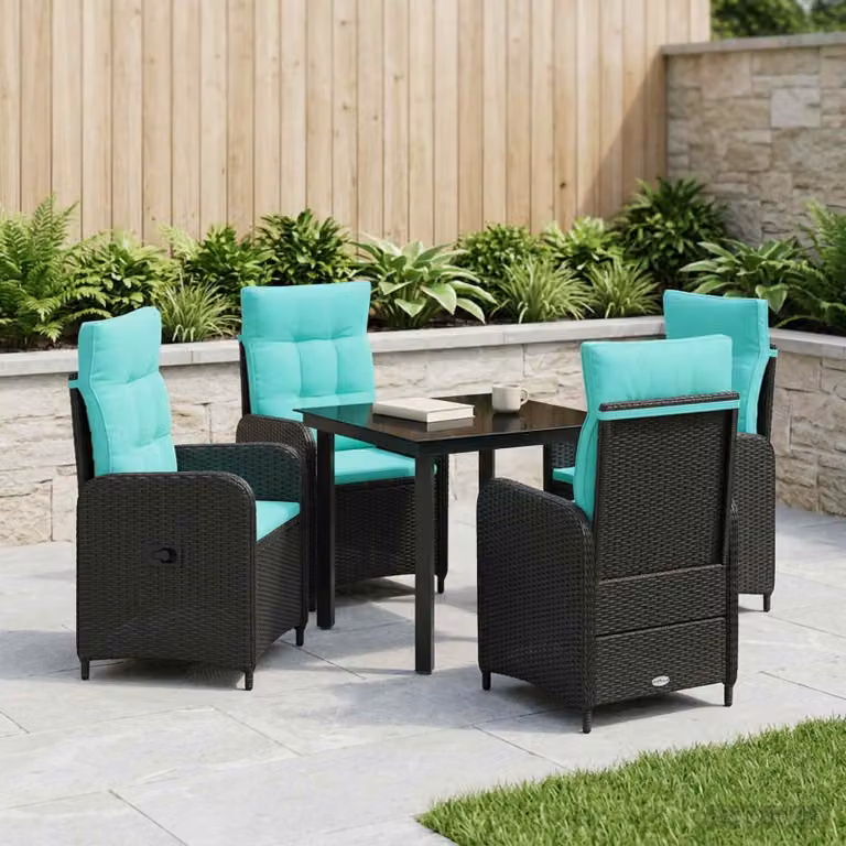 Set da pranzo per giardino e terrazzo vidaXL in polyrattan da 5 pezzi, Nero e Turchese, L: 110 cm, P: 74 cm, H: 80 cm