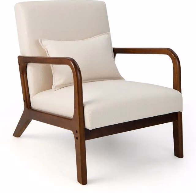Poltrona imbottita con cuscino lombare e telaio in legno di gomma, Poltrona lounge con piedini antiscivolo Beige