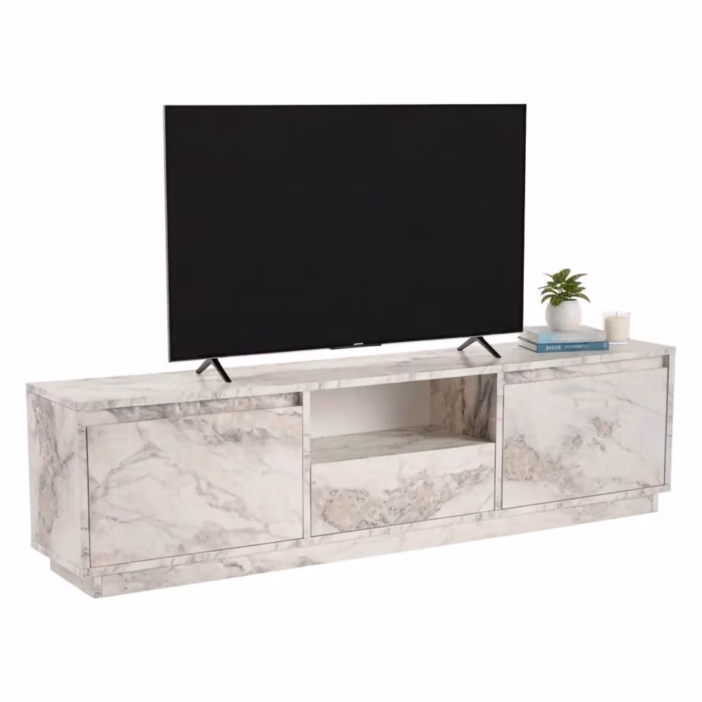 Mobile porta TV Morrigan DMORA, Credenza da soggiorno moderna in bianco e marmo, L: 160 cm, P: 29,5 cm, H: 42 cm – 2