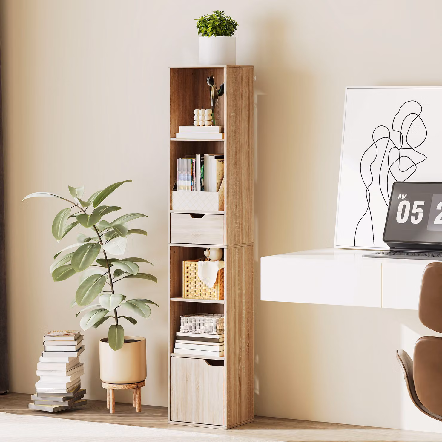 Scaffale Libreria HOMCOM con 4 Ripiani Aperti, Armadietto e Cassetto, Colore Legno Marrone, L 30 cm x P 24 cm x H 158 cm – 2