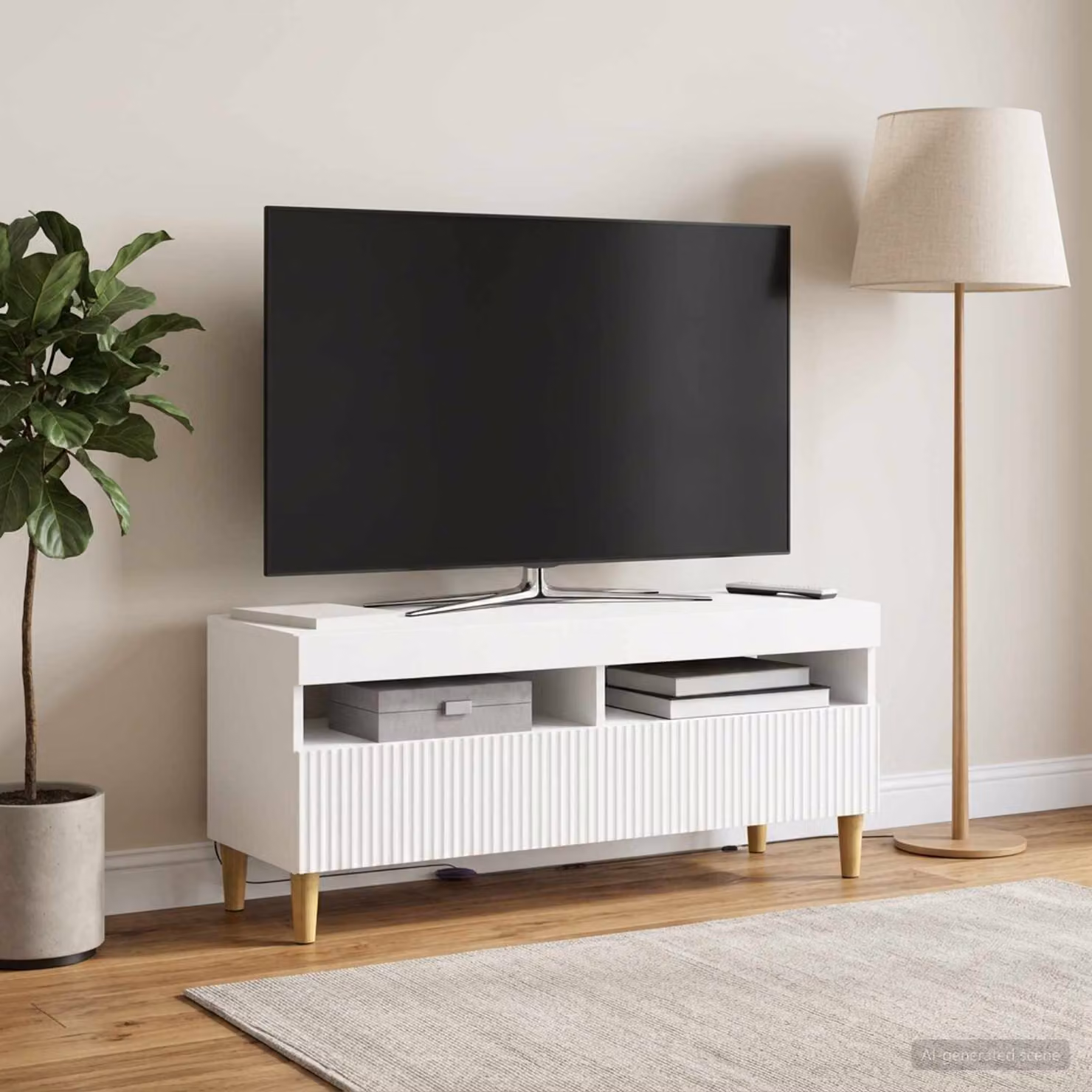 Mobile TV LED vidaXL ARNHEM Bianco con illuminazione integrata e scomparti multimediali L 100 cm, P 35 cm, H 43 cm