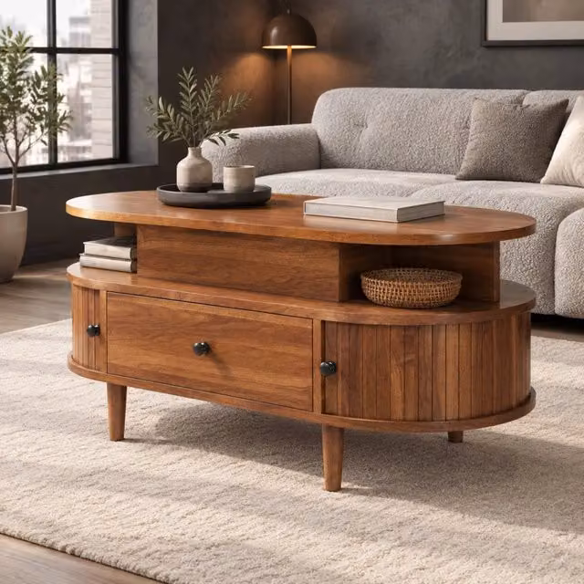 Tavolino da caffè ovale con piano sollevabile 105x50x60;5 cm in MDF noce