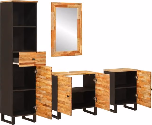Set da Bagno | Armadio da bagno con cassetto Naturale Legno di mango massello