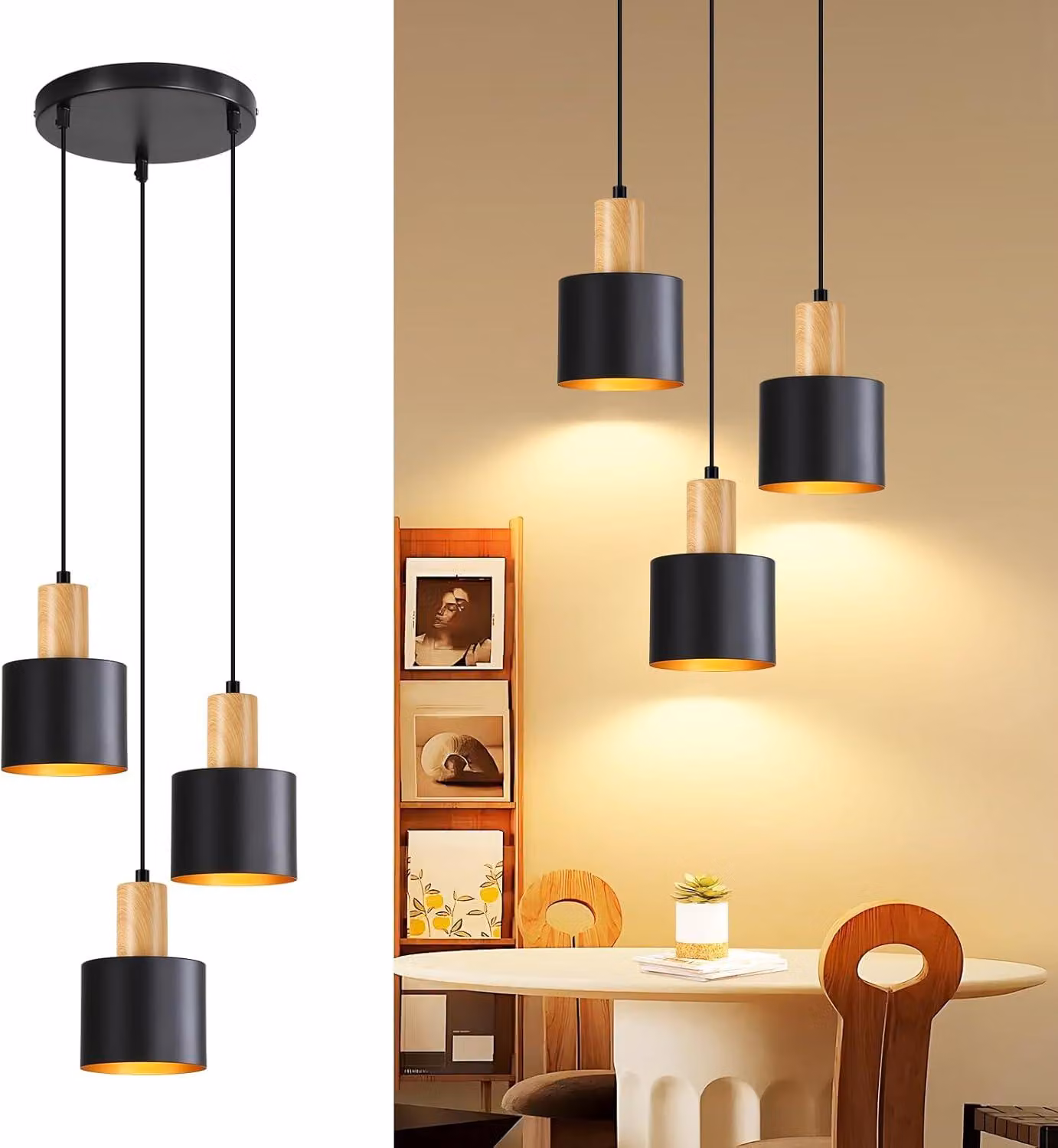 ZMH Lampada a sospensione Tavolo da pranzo E27 Lampada a sospensione Lampada da cucina Sospesa a 3 luci Lampada da sala da pranzo Nero Oro Lampade a sospensione Regolabile in altezza Senza lampadina