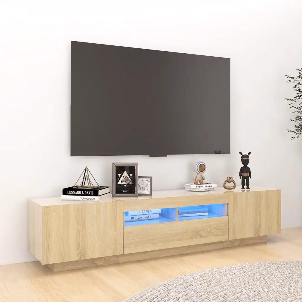 Mobile TV moderno con luci LED integrate in finitura Rovere Sonoma e Beige, L: 180 cm, P: 35 cm, H: 40 cm – 2
