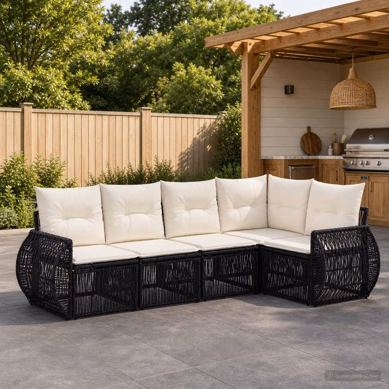 Maison Exclusive - Set da giardino composto da 5 pezzi. Divano da giardino in rattan sintetico, colore nero e crema