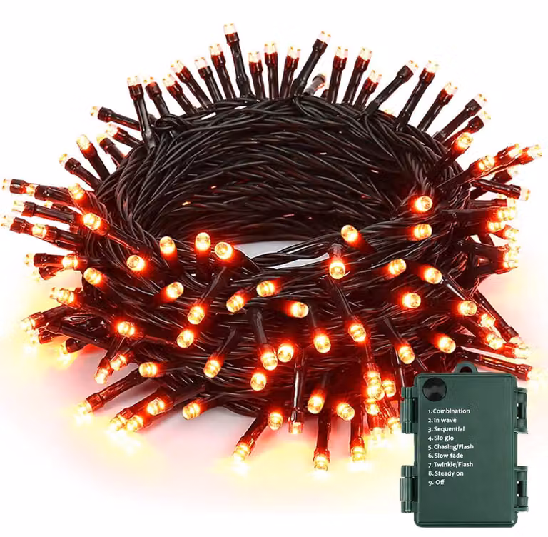 Catena luminosa LED da 20 metri, arancione, impermeabile, con 8 modalità di illuminazione, alimentata a batteria