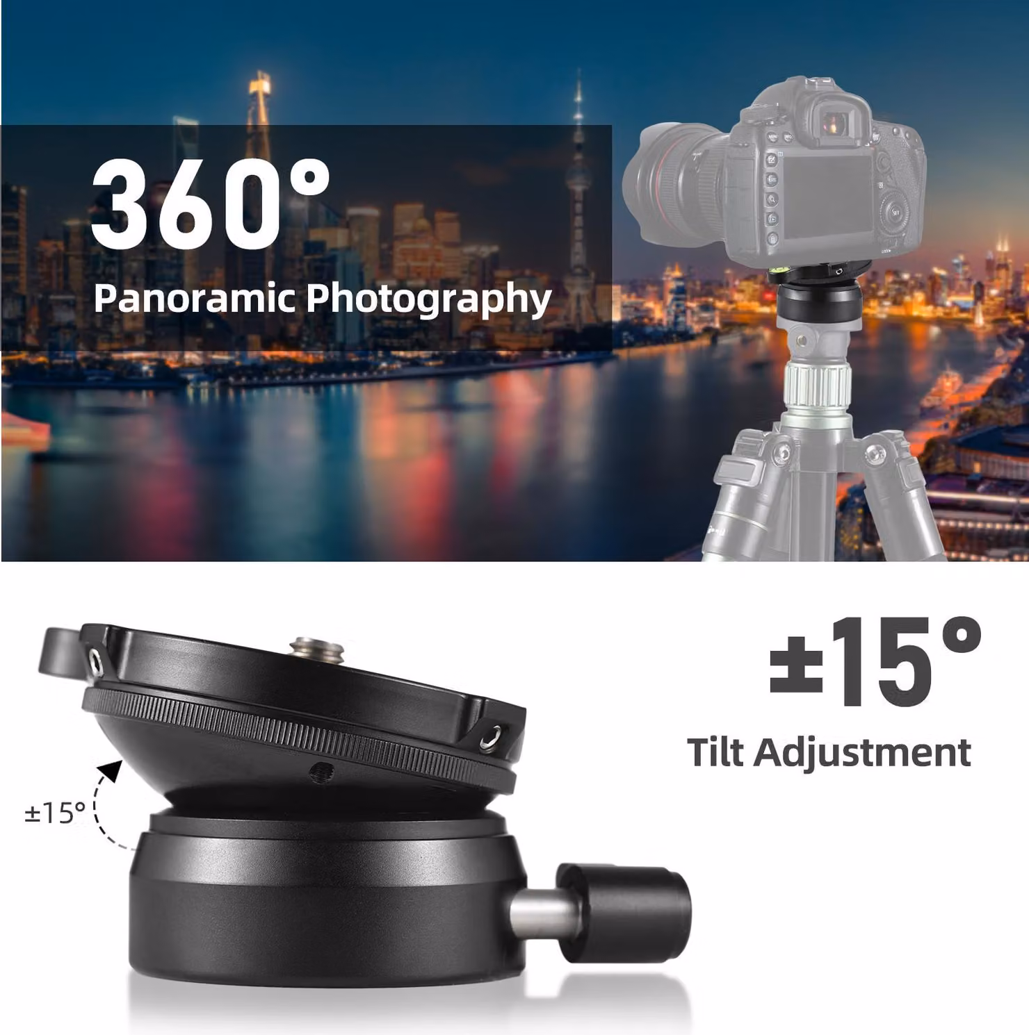 Base di livellamento per treppiede, testa per fotocamera, lega di alluminio, livella a bolla d'aria, piastra di regolazione, inclinazione di 15° con vite di fissaggio da 3/8 di pollice, compatibile con fotocamere DSLR Canon, Nikon, Sony