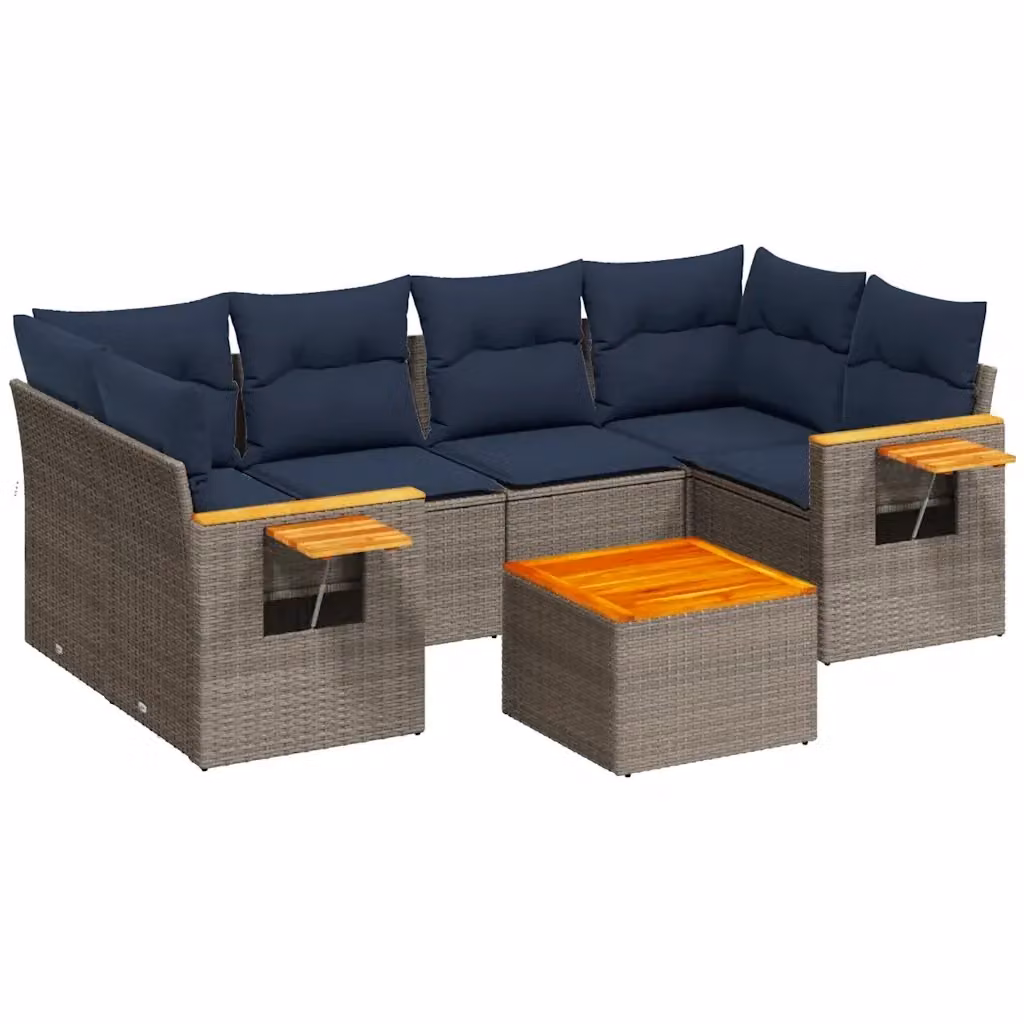 vidaXL Set Divani da Giardino 7 pz a Forma a L in Polyrattan con Cuscini Grigio e Blu – 2