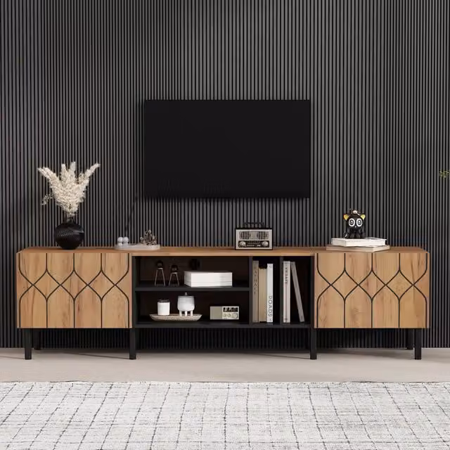 Mobile TV REDOM moderno in MDF nero e beige con 2 ante, L 180 cm x P 40 cm x H 50 cm – 1