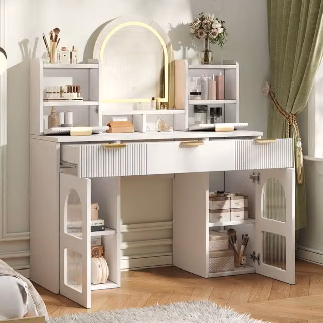 Toeletta, specchio con illuminazione a LED, 3 cassetti, 2 ante in vetro, ripiano, bianco
