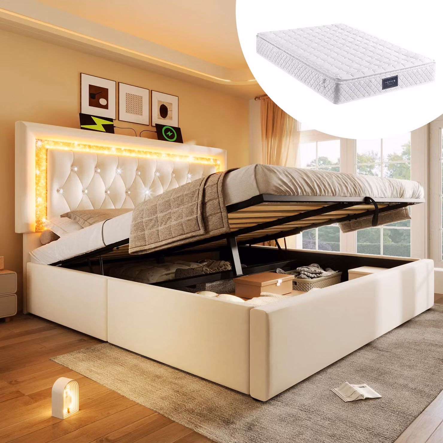 STILVORA Letto imbottito 160x200 cm con materasso Letto singolo con fascia LED a diamante nella testiera, stazione di ricarica USB e Type-C, letto idraulico per ragazzi con vano contenitore, letto moderno per ragazzi con rete a doghe, beige