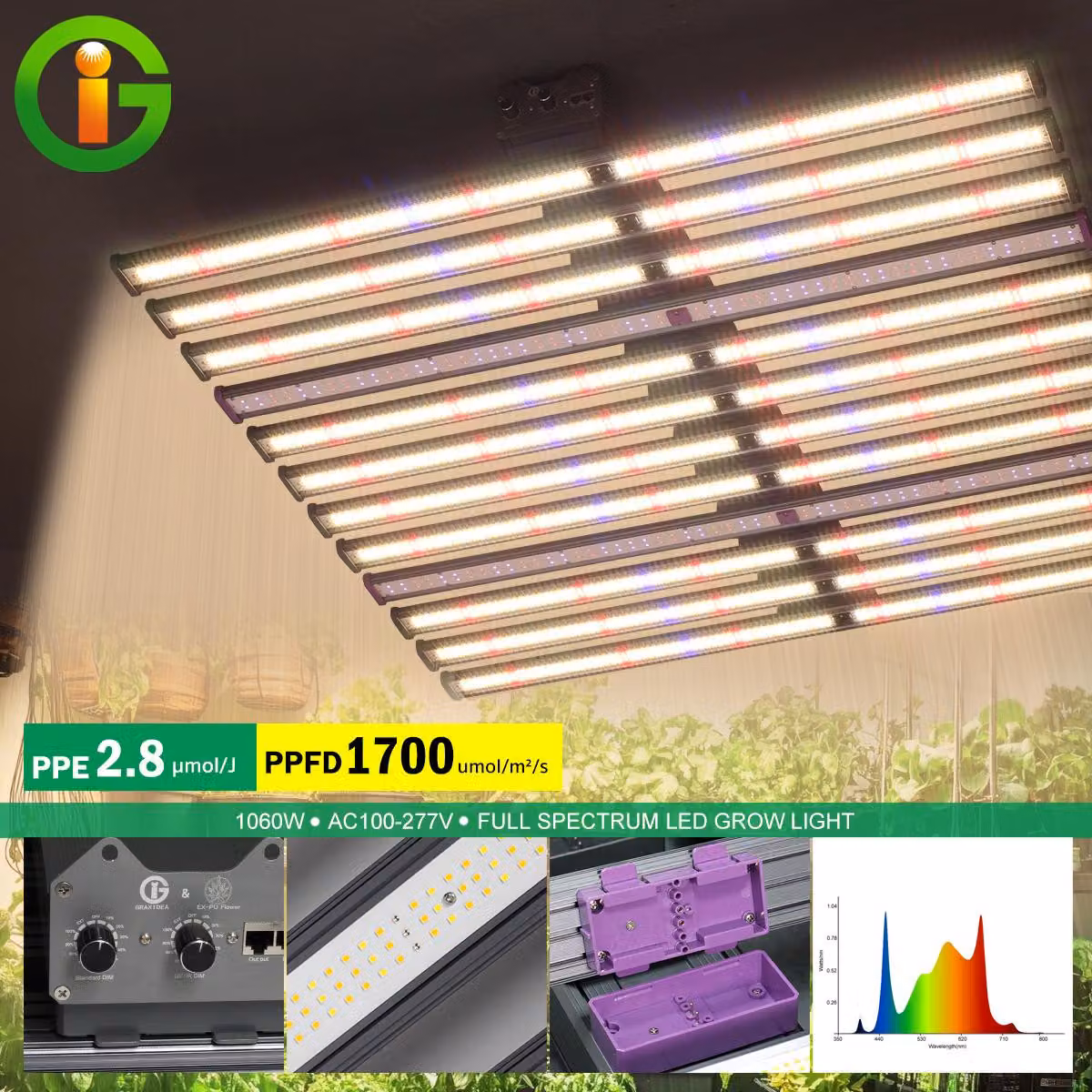 Lampada di coltivazione a LED per piante da interno - 1060 W - Spettro completo - Bianco caldo - Grado di protezione IP65 (resistente all'acqua)
