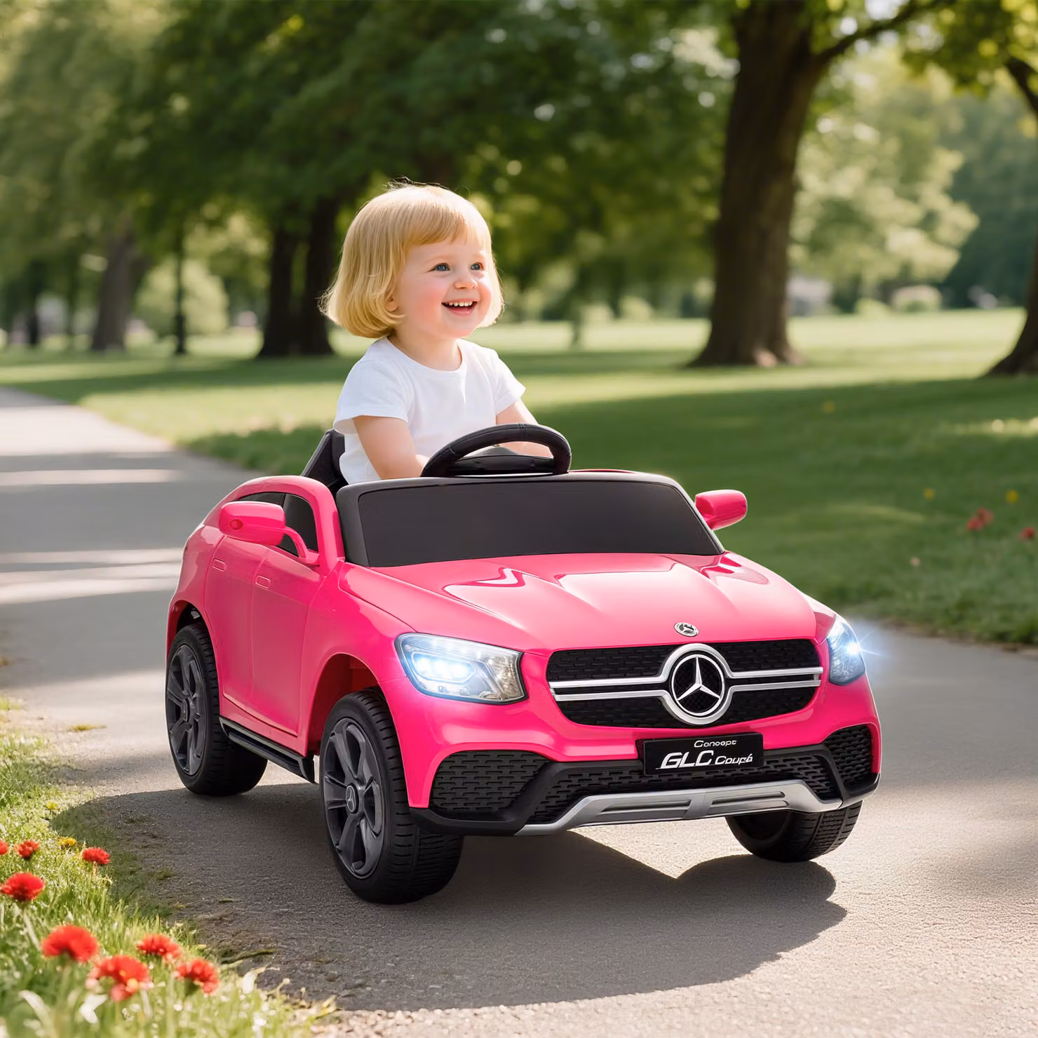 Auto elettrica AIYAPLAY per bambini Mercedes, 12V, con telecomando, luci LED e musica, Rosa – 2