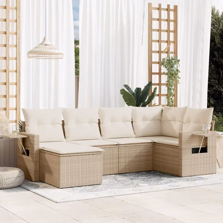 vidaXL Set Divano da Giardino 6 pz a Forma a L in Polyrattan con Cuscini Beige e Struttura in Metallo