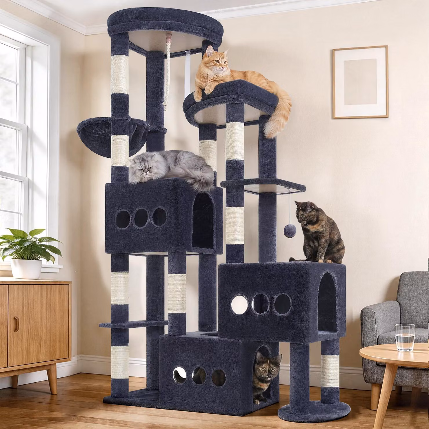 Albero per gatti robusto, con 3 rifugi e 10 tiragraffi