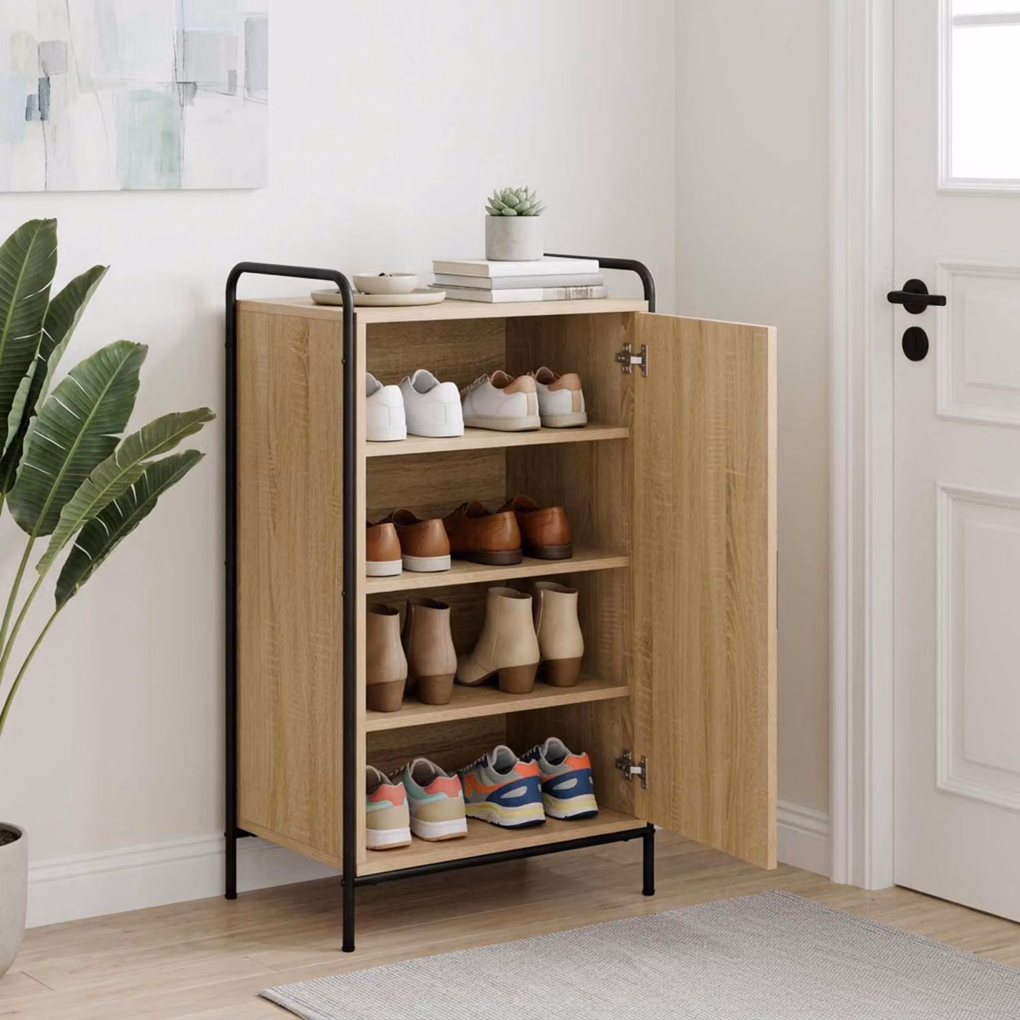 Mobile porta scarpe vidaXL moderno in legno e metallo, marrone e nero, L: 51 cm, P: 36,5 cm, H: 93 cm
