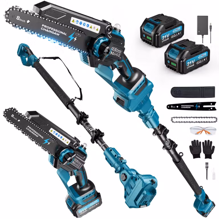 Motosega telescopica a batteria da 8 pollici, motore brushless da 1200 W, 2 batterie, raggio d'azione di 4 m, serbatoio dell'olio da 50 ml