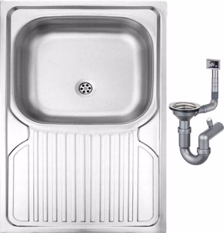Lavello in acciaio inox con 1 vasca e sgocciolatoio 80x60 cm, facile manutenzione e sifone incluso nel prezzo