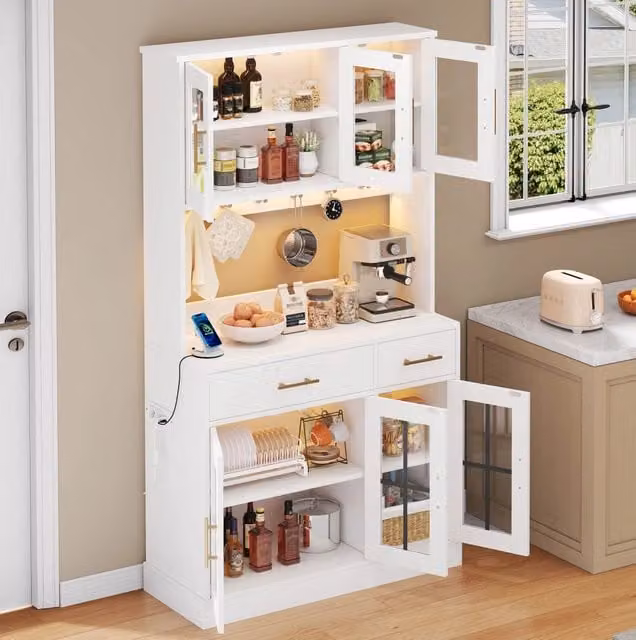 Credenza da cucina bianca 100x40x180 cm - LED, presa, 6 ante e 2 cassetti