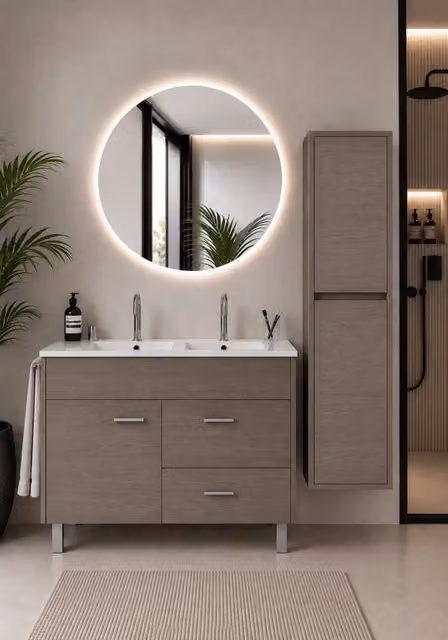 Mobile bagno con lavabo ORIGENBATH SAMOS senza specchio 120x45 cm doppio lavabo rovere smoky con colonna