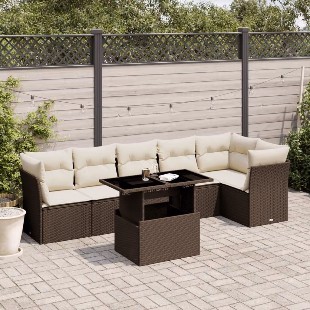 Set di divani da giardino vidaXL in 7 pezzi con cuscini marroni e bianchi in polyrattan e struttura in metallo – 1