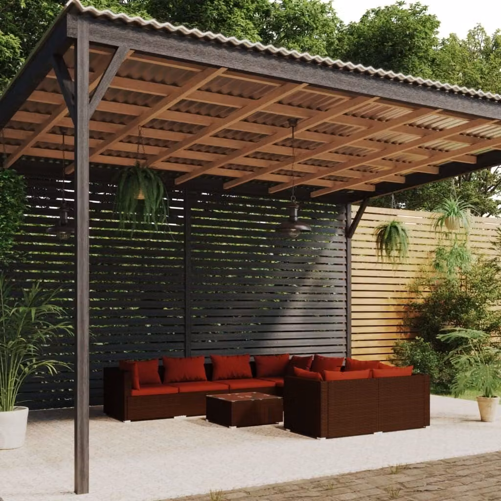 The Living Store Set da giardino 9 pezzi con cuscini in poly rattan marrone